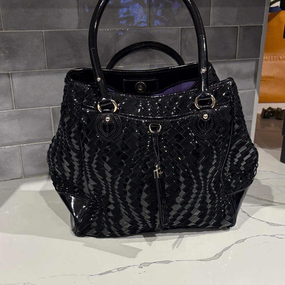 Cole Haan Black Woven Patent Leather & Suede Shoulder Bag, Purple Lining.